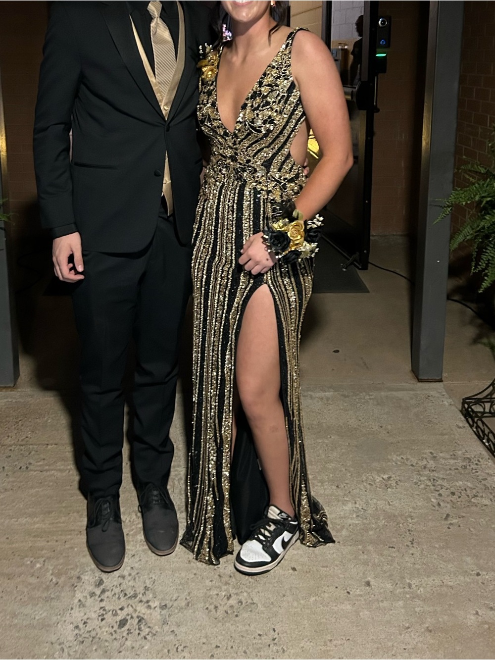Sherri Hill Black and Gold Beaded Plunging Prom Gown